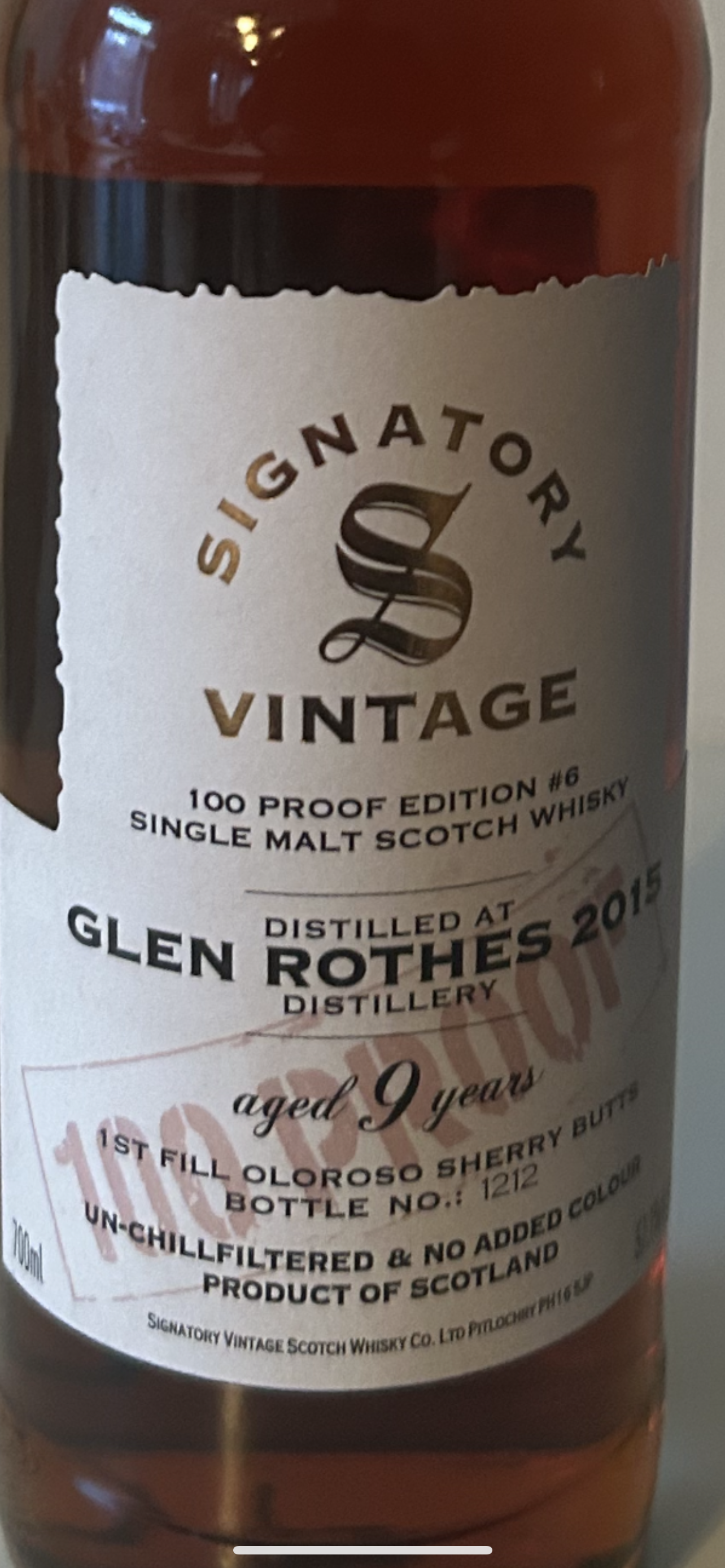 Glen Rothes 9 år 2015 57,1% Signatory 100 Proff